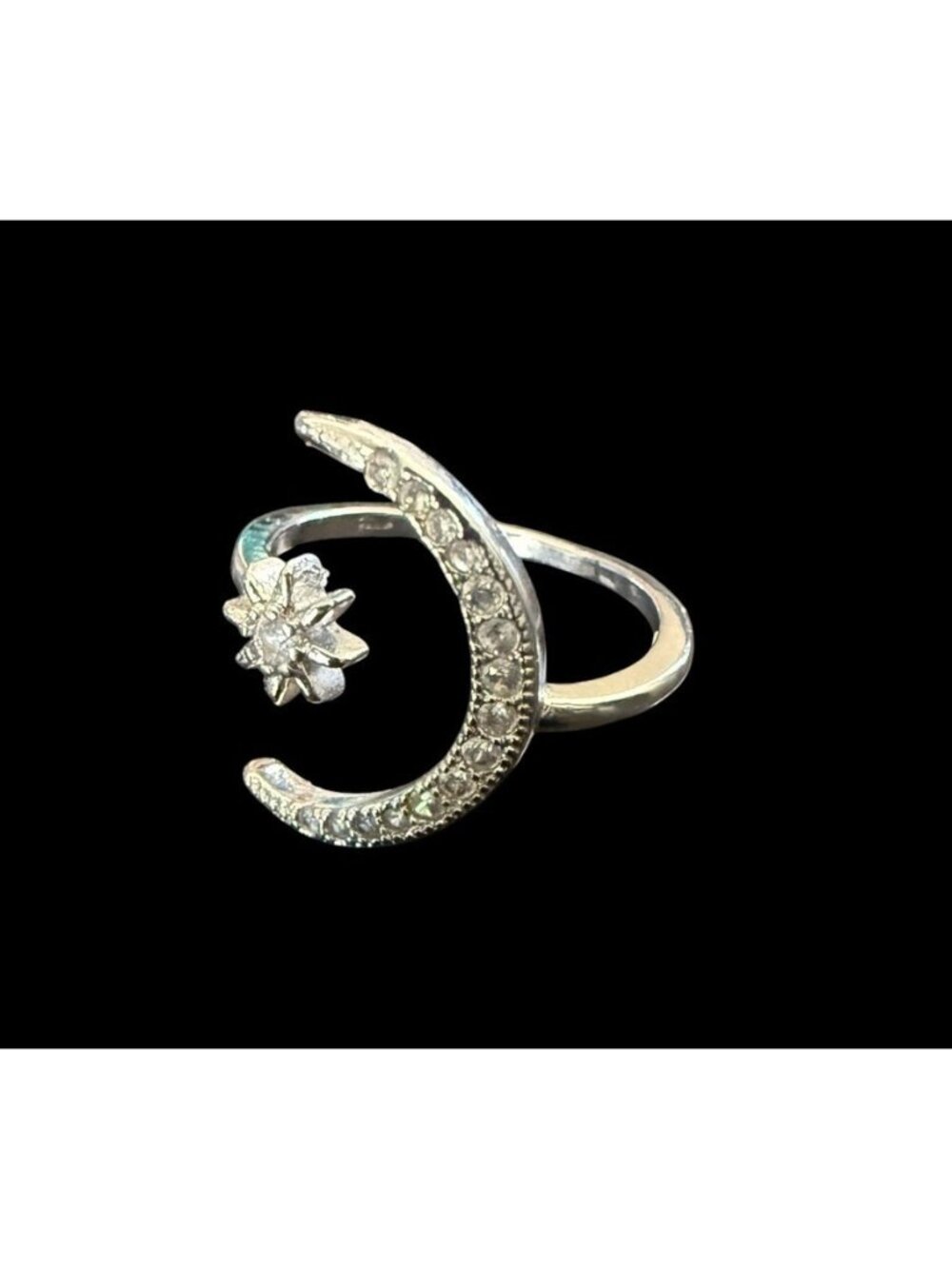 Moon And Star 925 Sterling Silver Crystal Ring Size 6.5